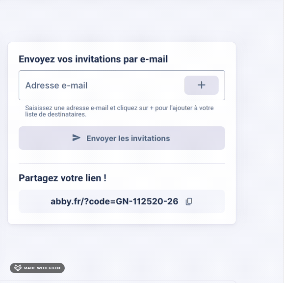 Formulaire d'invitation par e-mail avec champ pour adresse et lien à partager.