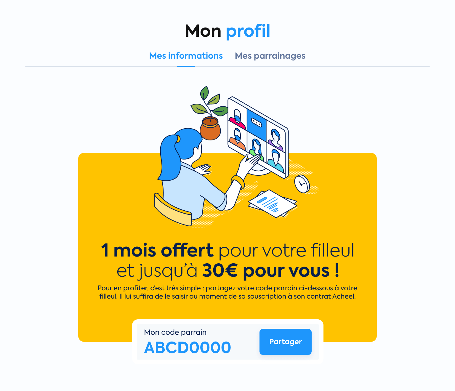 Femme utilisant un ordinateur pour gérer son profil et des parrainages en ligne.