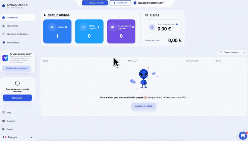 Capture d'écran d'un tableau de bord affichant des statistiques d'affiliation.