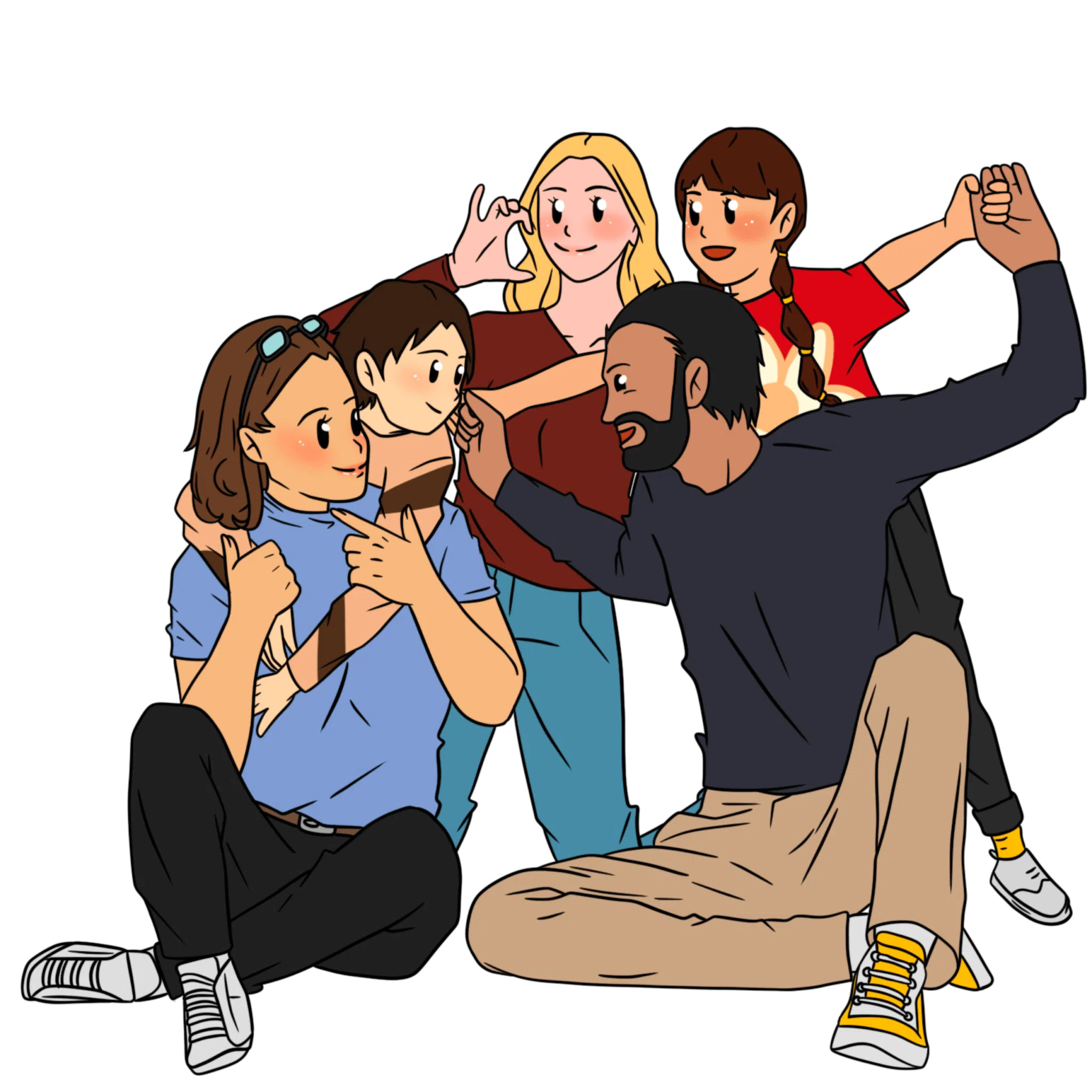 Cinq personnages dessines, deux adultes, deux enfants et une adolescente, dans une scène joyeuse.