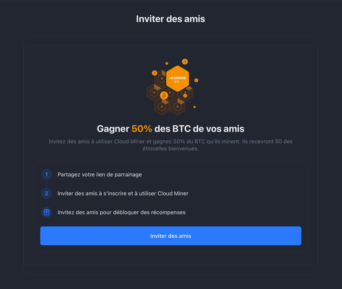 Interface de parrainage pour gagner des BTC avec Cloud Miner.