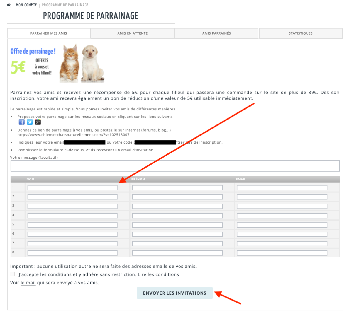 Formulaire de parrainage avec champs pour nom et email, bouton envoyer les invitations.