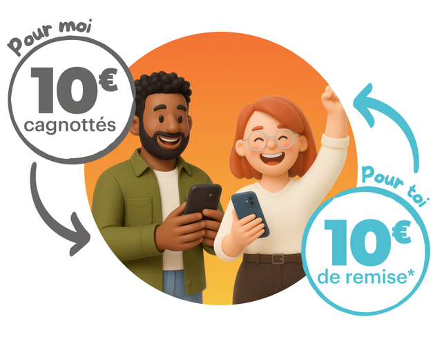 Deux personnes, un homme et une femme, sourient en tenant leurs téléphones. Texte promotionnel.