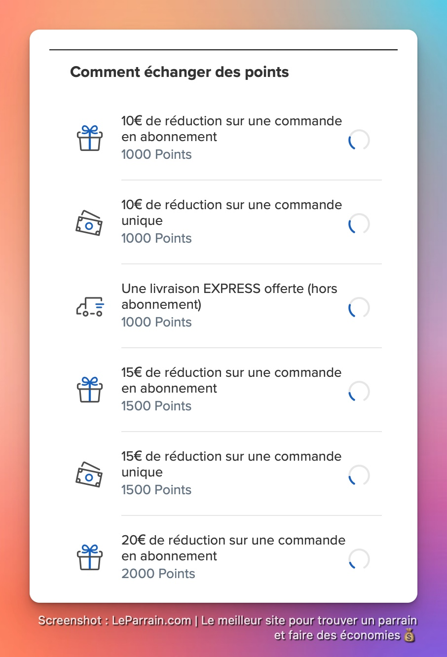 Liste des options d'échange de points avec montants et conditions.