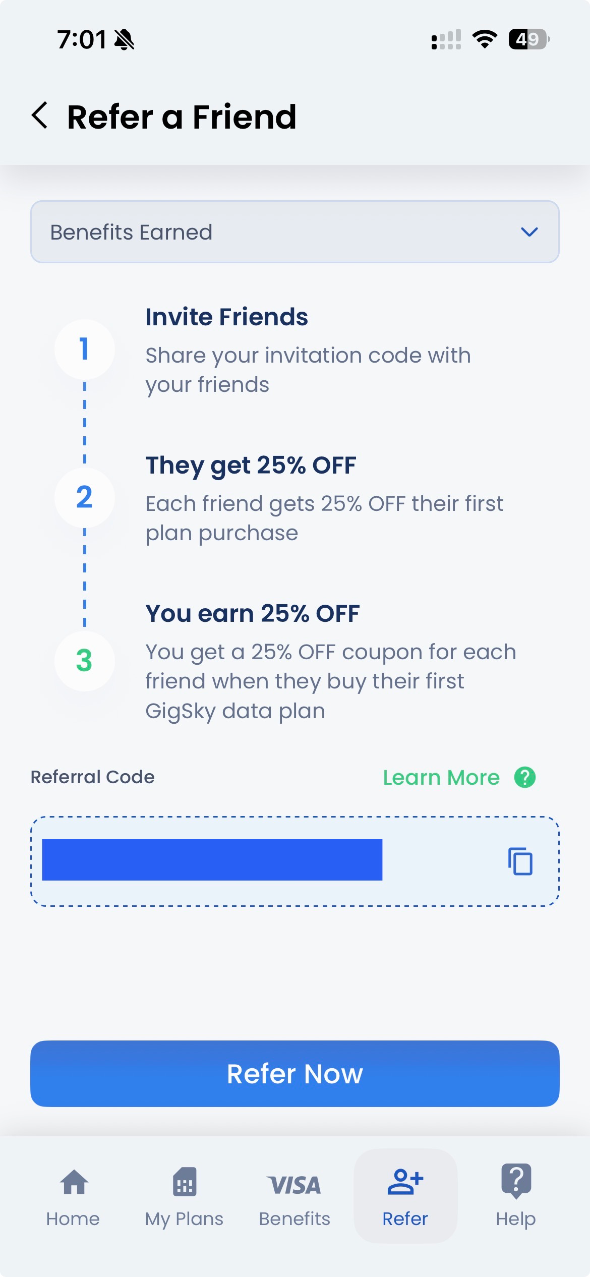 Interface mobile pour un programme de parrainage avec des instructions et code de référence.