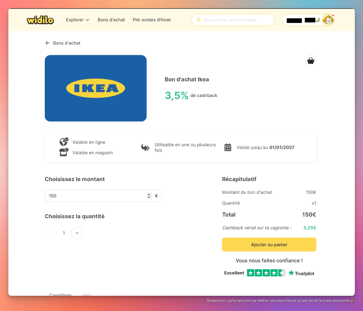 Bons d'achat IKEA affichant montant et cashback sur fond coloré.