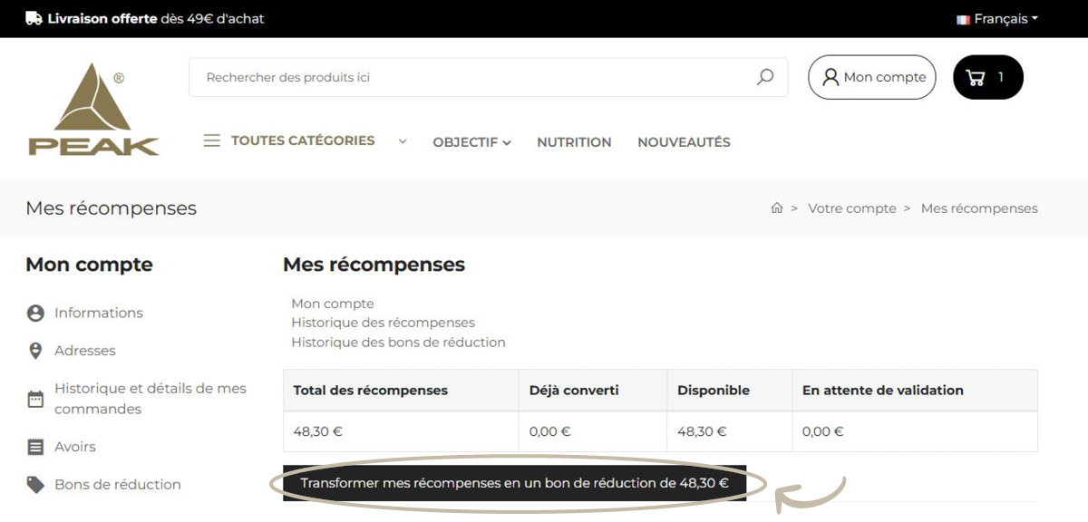 Page de compte utilisateur sur le site de Peak avec informations sur les récompenses.