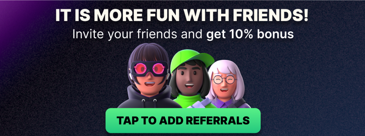 Trois avatars souriants sur fond sombre avec un bouton pour inviter des amis.