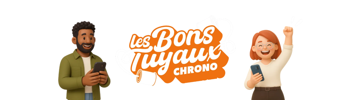Deux personnes souriantes tenant des smartphones, avec le logo "les Bons Tuyaux Chrono" en arrièr...