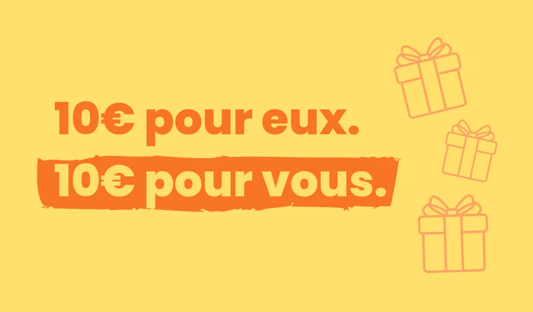 Texte sur fond jaune avec mentions de 10€ pour eux et 10€ pour vous, accompagné de paquets cadeaux.