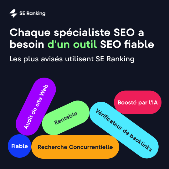 Texte coloré sur un fond noir présentant des outils SEO avec le logo de SE Ranking.
