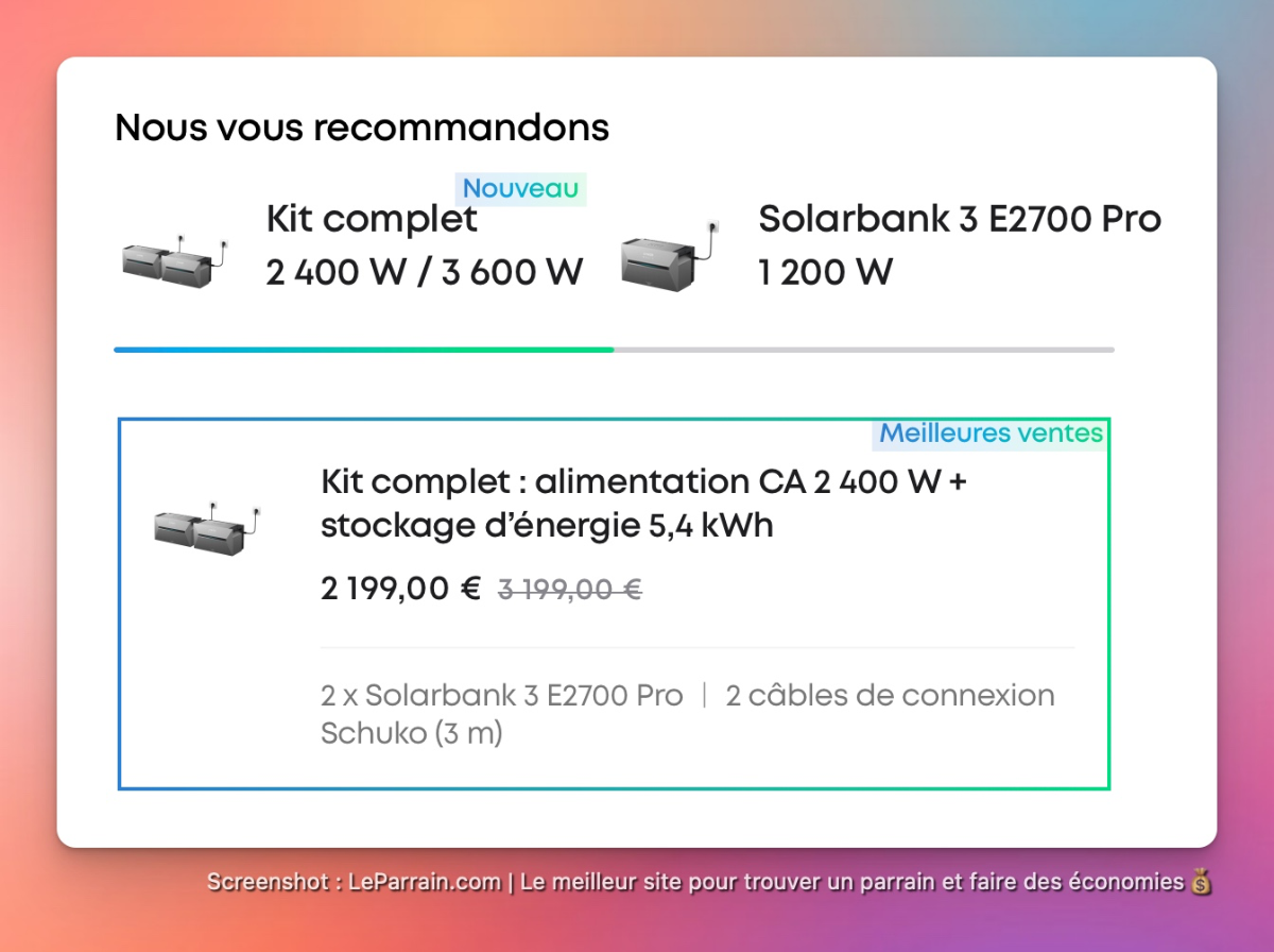 Proposition de kit complet pour alimentation et stockage d'énergie avec prix et détails.