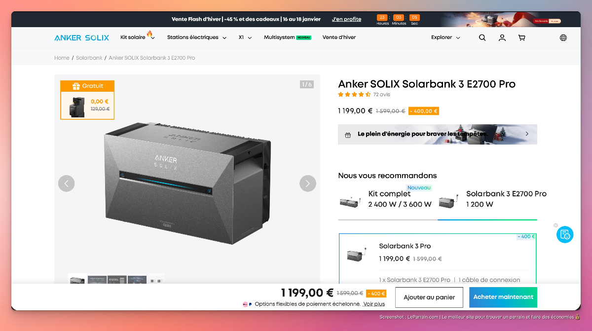 Batterie Anker SOLIX Solarbank 3 E2700 Pro avec affichage et options d'achat.