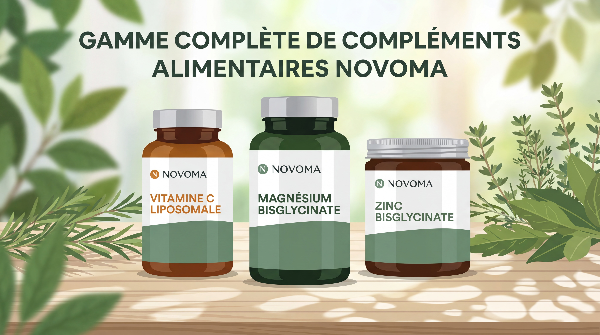 Trois flacons de compléments alimentaires sur une surface en bois avec des feuilles en arrière-plan.