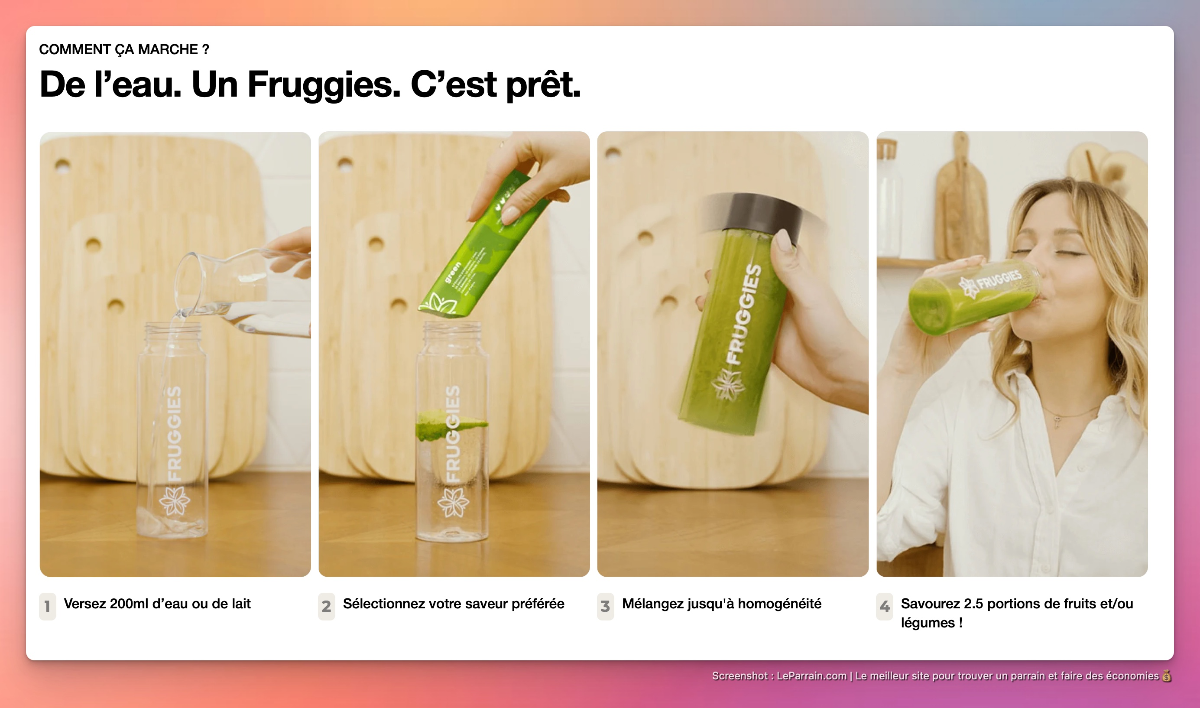 Étapes de préparation d'une boisson Fruggies avec un verre et un mélangeur.