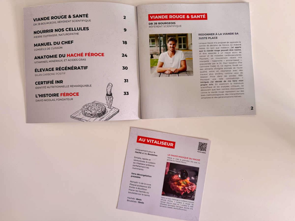 Brochure FEROCE fournie avec les produits, avec recettes et conseils nutritionnels.
