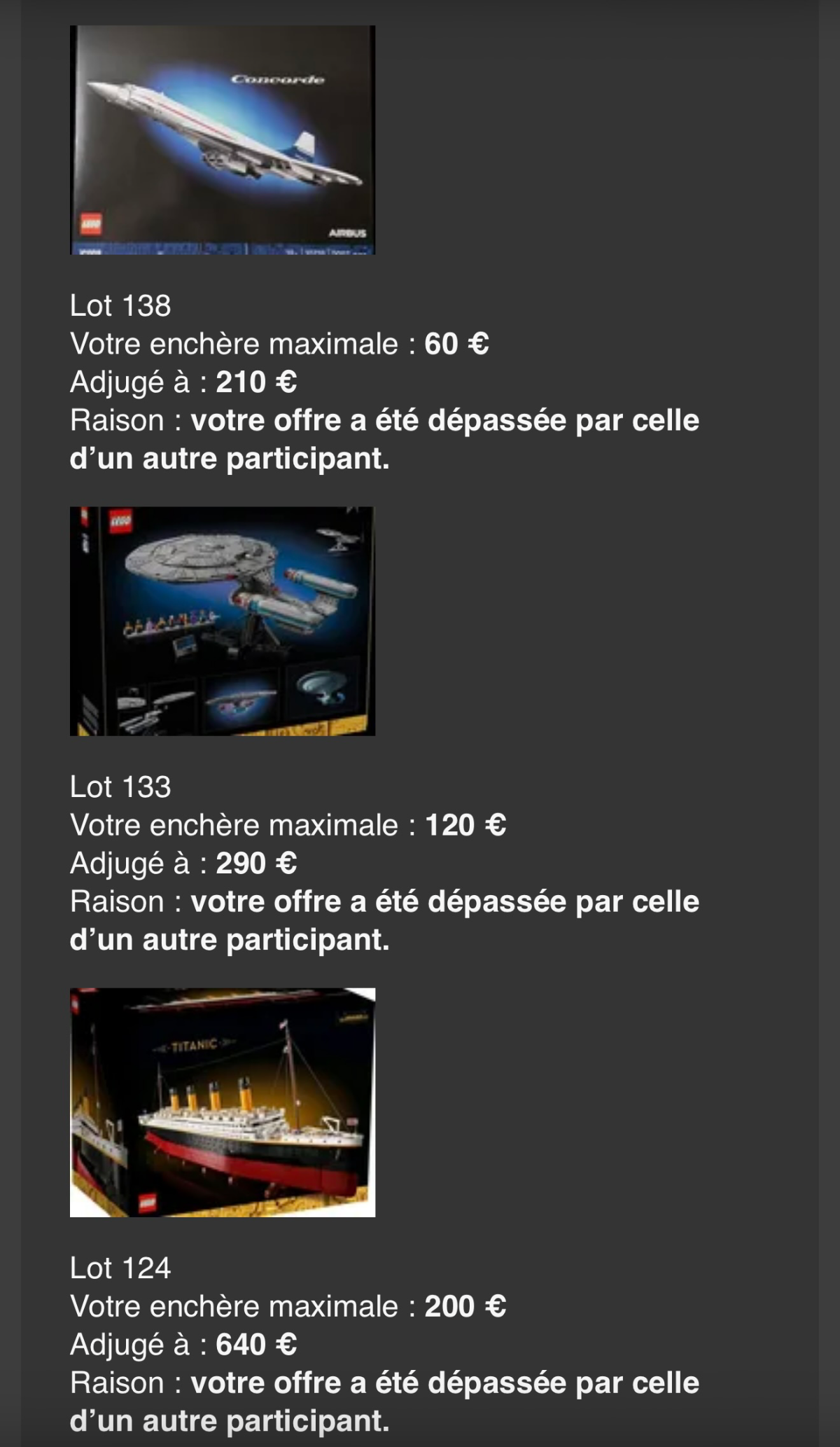 Capture d'écran d'enchères dépassées pour des modèles LEGO, affichant prix et lots.
