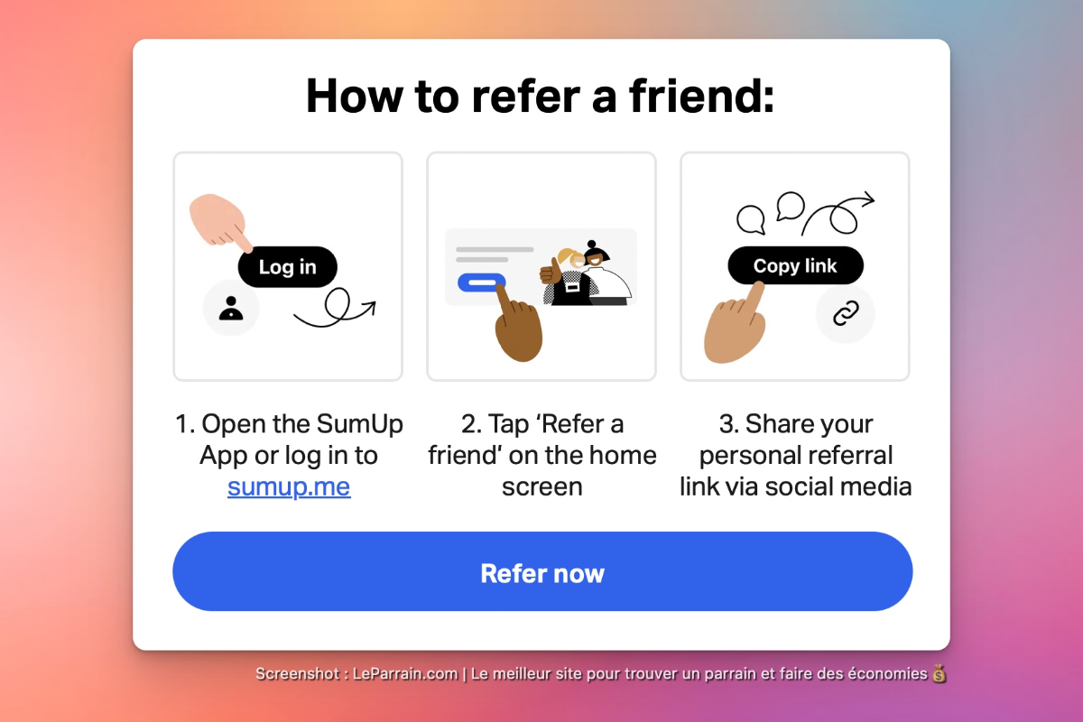Capture d'écran d'instructions pour référer un ami à l'application SumUp.