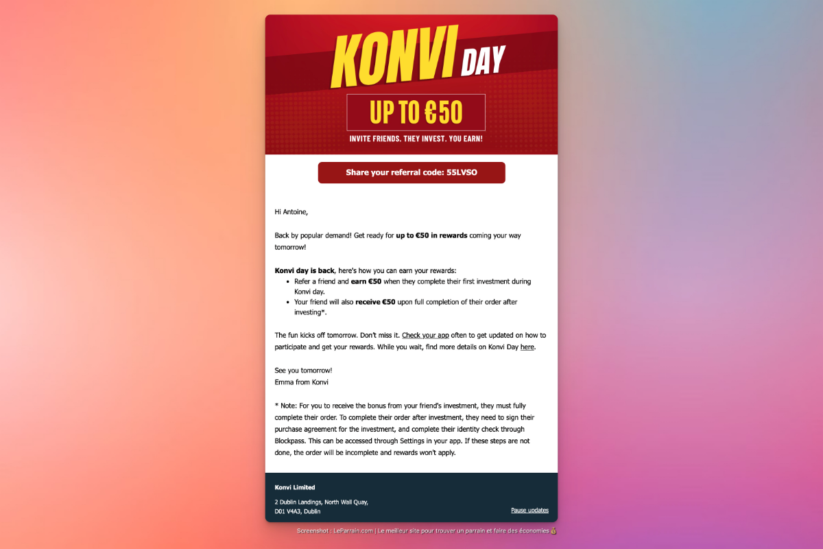 Capture d'écran d'un email de parrainage avec offres de récompenses et instructions.
