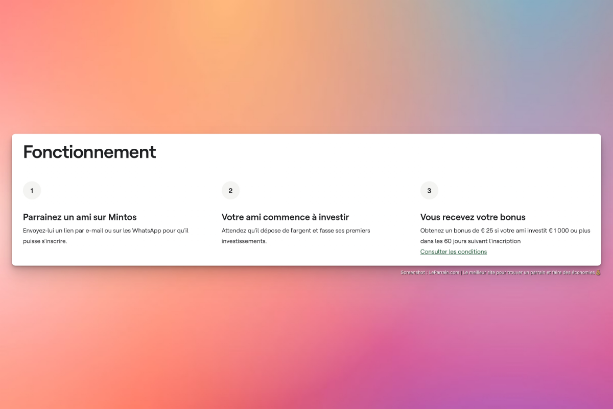 Capture d'écran d'un processus de parrainage sur Mintos, étapes et offres de bonus visibles.