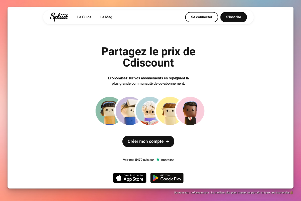 Capture d'écran d'une offre de co-abonnement sur le site Spliiit, avec personnages illustrés.