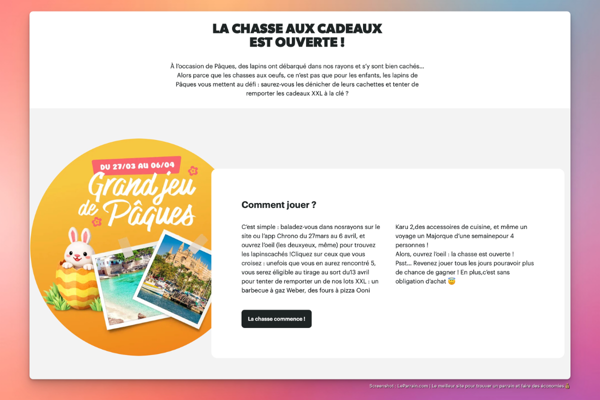 Capture d'écran d'une offre de parrainage pour un grand jeu de Pâques sur LeParrain.com.