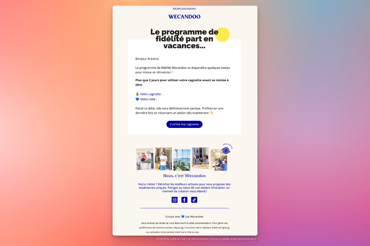 Capture d'écran d'une offre de programme de fidélité avec cagnottes et code.