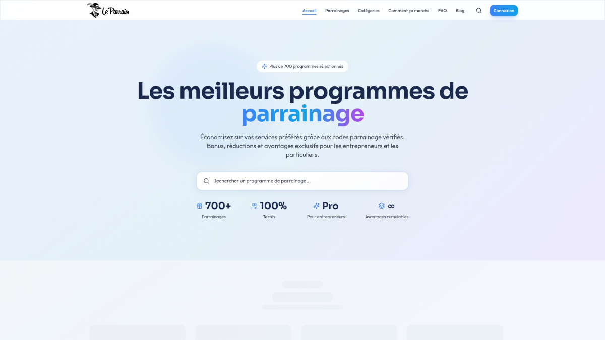 Capture d'écran de l'accueil du site LeParrain avec des programmes de parrainage.