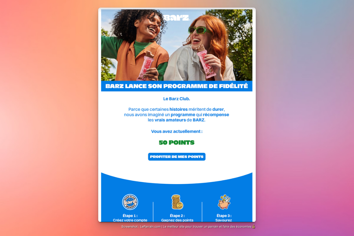 Capture d'écran du programme de fidélité BARZ avec points et étapes pour bénéficier d'offres.