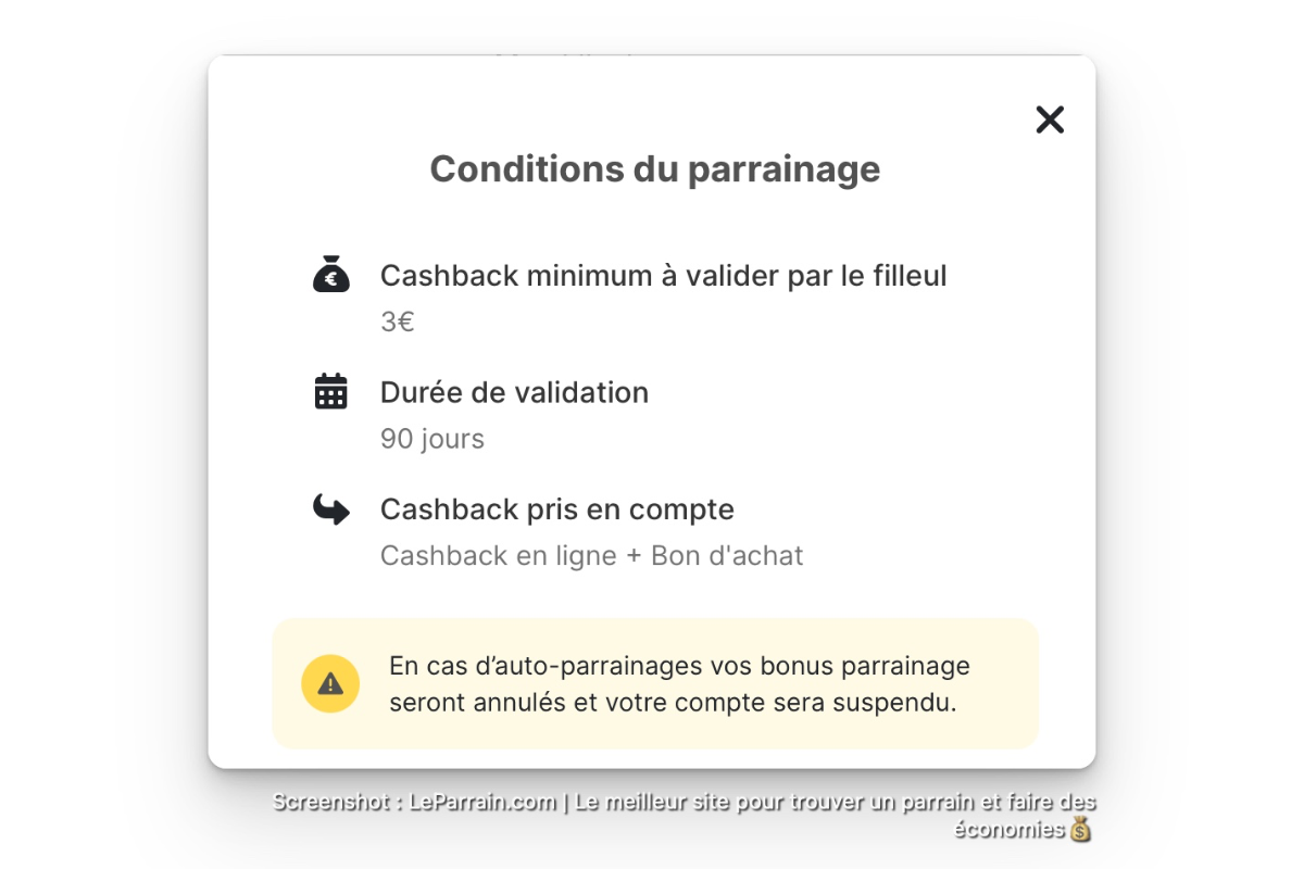Conditions de parrainage avec cashback minimum, durée de validation et avertissement.