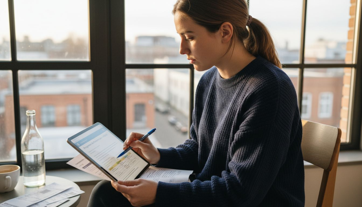 Femme utilisant une tablette pour consulter une offre de parrainage dans un café.
