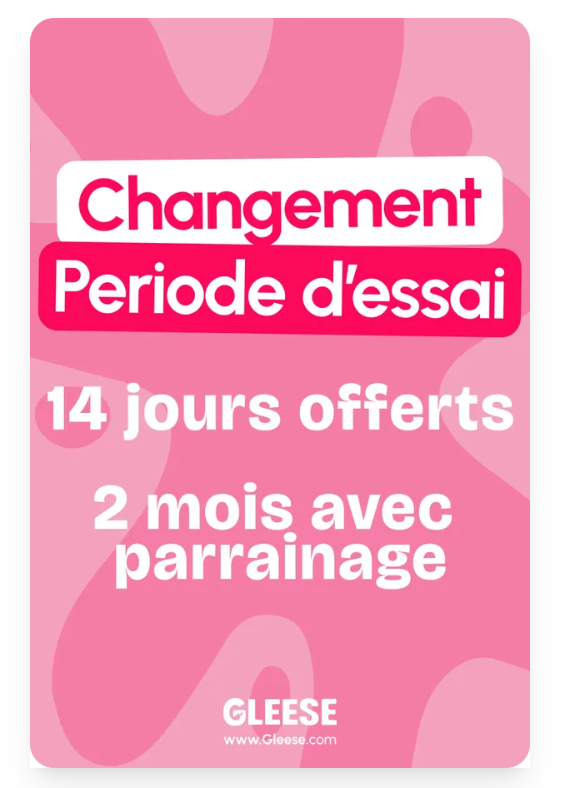 Fond rose avec texte blanc et rouge annonçant une période d'essai et des offres.