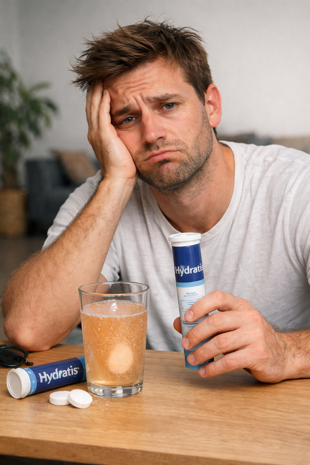 Homme avec un mal de tête, tenant un tube Hydratis et un verre d'eau
