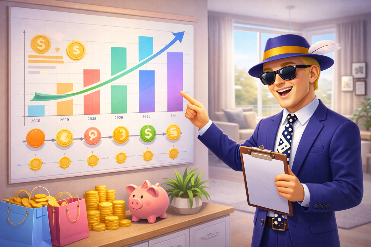 Stan du site LeParrain.com montre un graphique de croissance avec des pièces et un cochon tirelire.