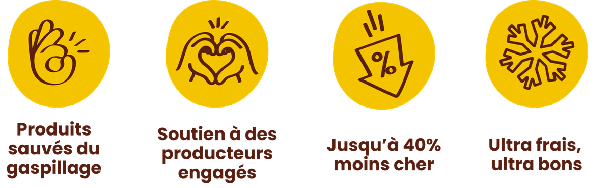 Icônes représentant des avantages d'un service de parrainage : économies et produits frais.