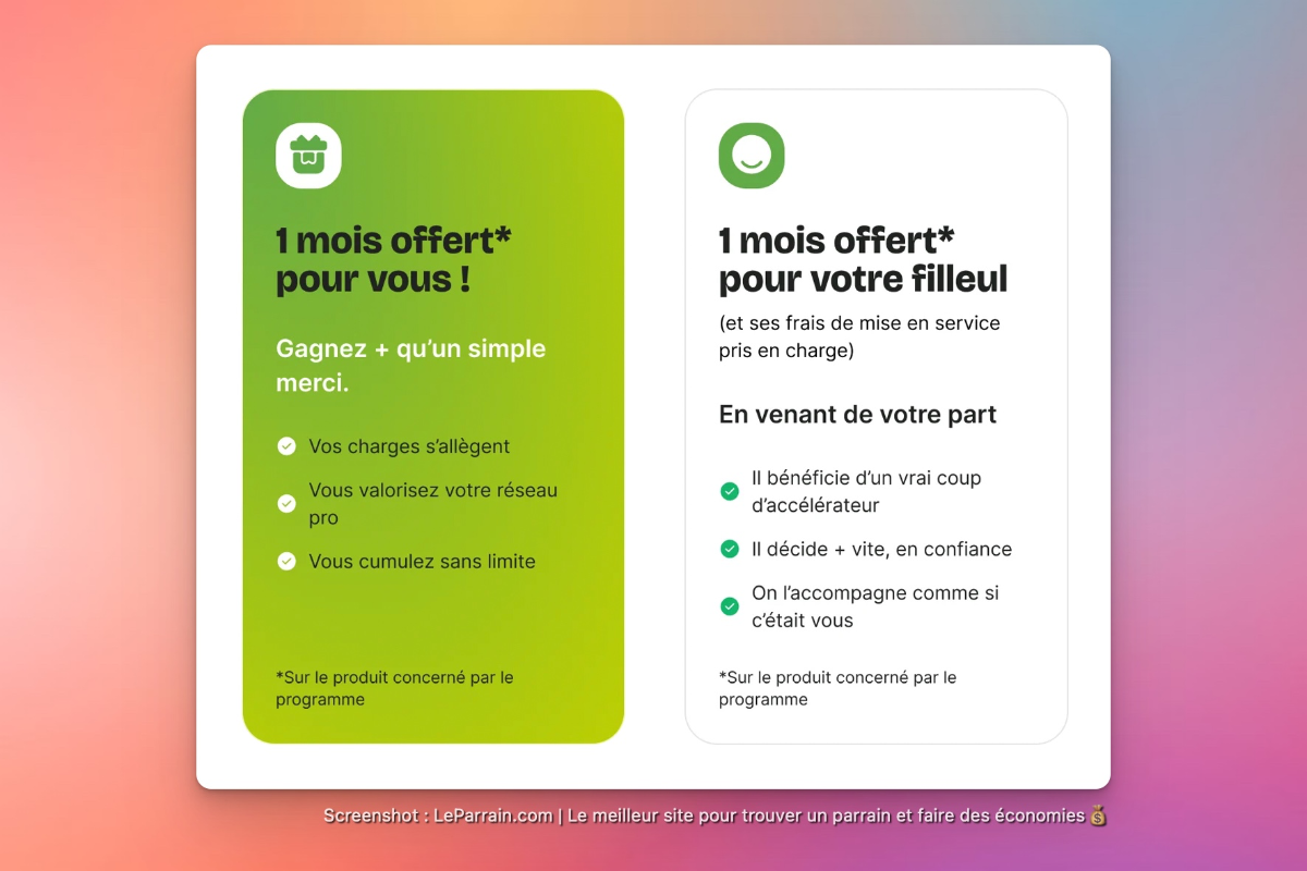 Illustration d'une offre de parrainage avec 1 mois offert pour le parrain et le filleul.