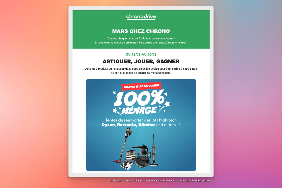 Illustration d'une offre de parrainage avec concours et promotion de produits de nettoyage.