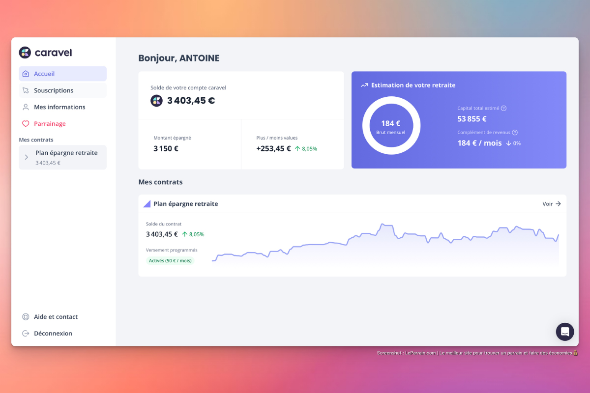 Interface de gestion d'un plan d'épargne retraite avec solde et estimation de revenu de Caravel.