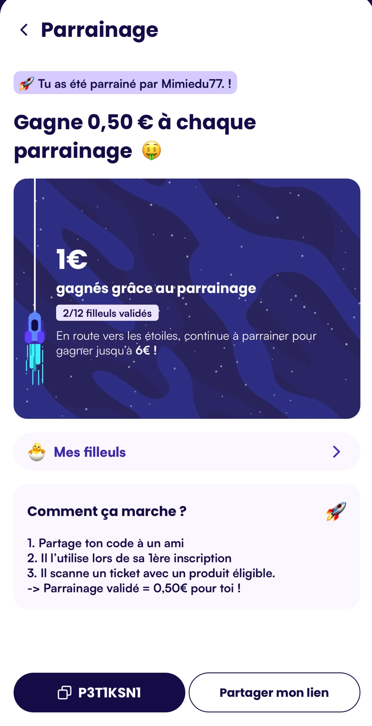 Interface de parrainage affichant les détails d'une offre et les étapes à suivre.