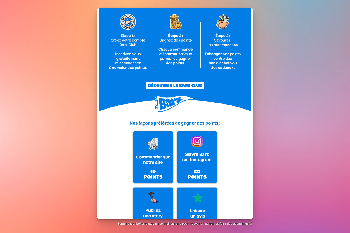 Interface du Barz Club exposant étapes pour accumuler des points et types d'interactions.
