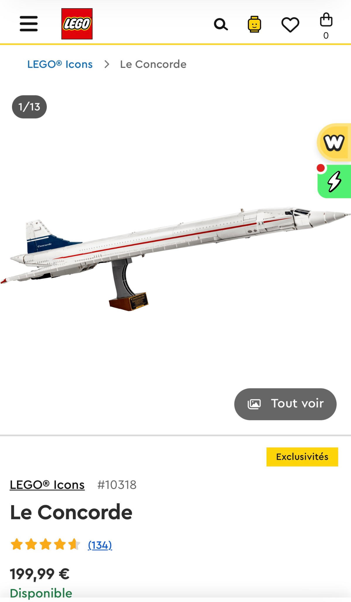 Maquette LEGO du Concorde avec prix et note d'évaluation visible.