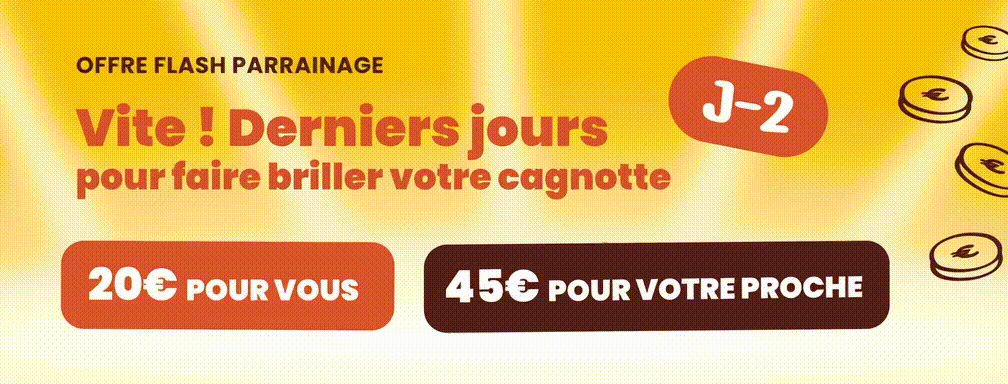 Offre de parrainage avec bonus de 20€ et 45€ pour le parrain et le filleul.