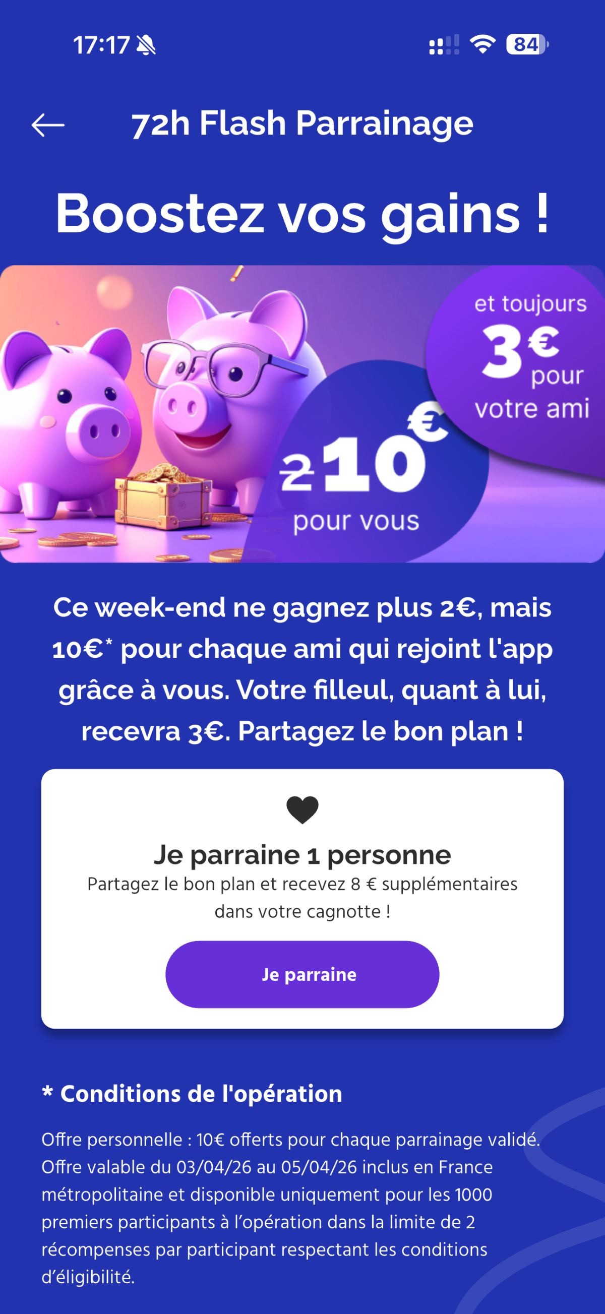 Offre de parrainage avec gains de 10€ pour chaque ami, détails du programme et bouton d'action.