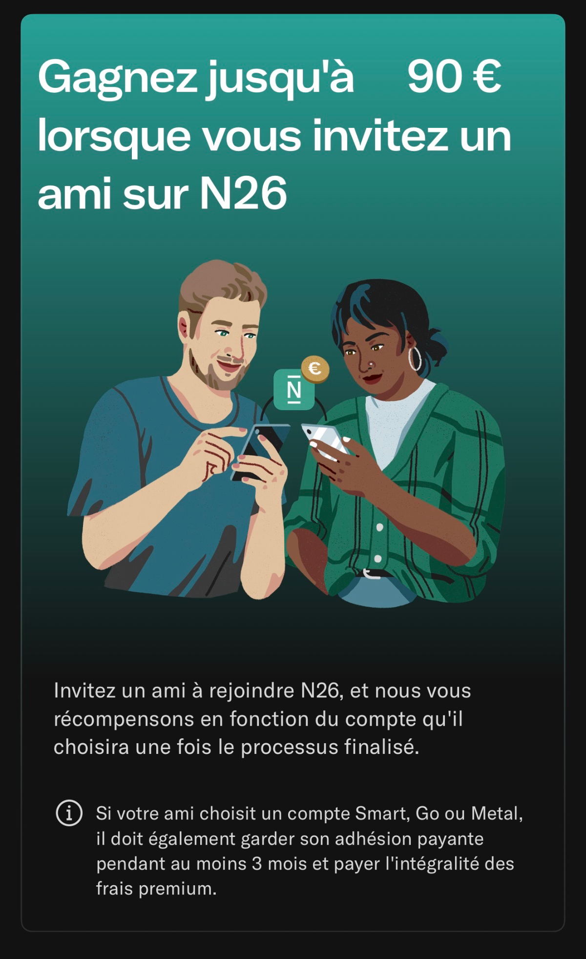 Offre de parrainage N26 jusqu'à 90 €, affichant deux personnes sur leurs téléphones.