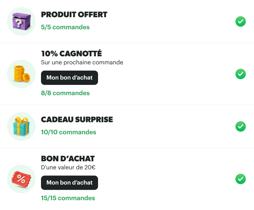 Offres de parrainage : produit offert, cashback, cadeau surprise, bon d'achat de 20€.