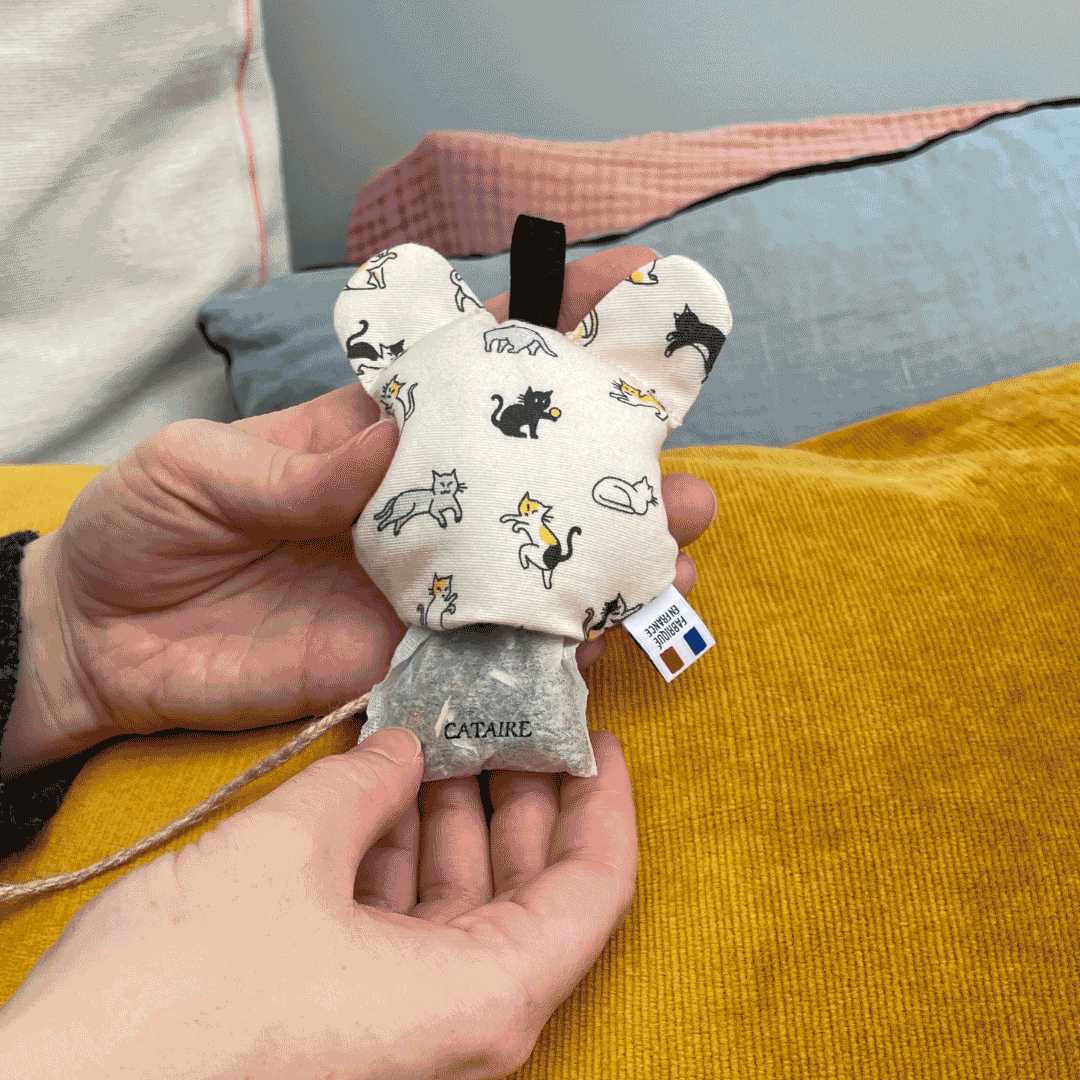 Produit de parrainage avec motif de chats, tissu mignon et étiquette visible.