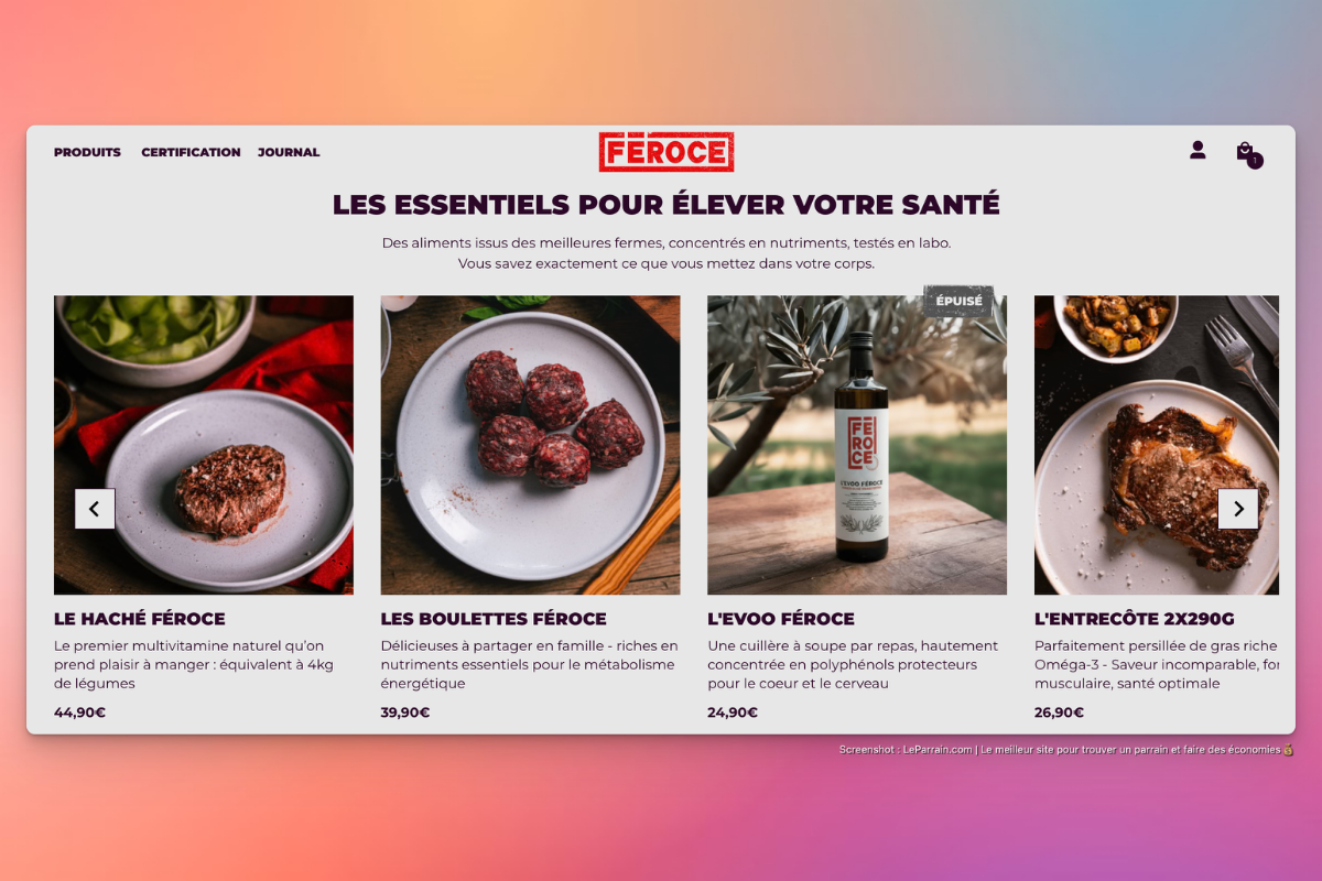 Produits alimentaires sains présentés sur un site, avec viande et huile d'olive.