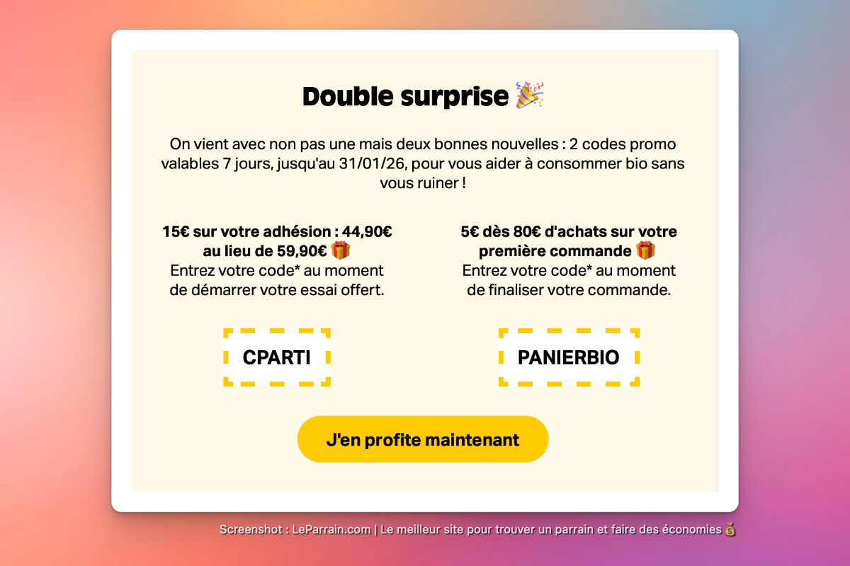 Promotion avec deux codes promo pour des réductions sur adhésion et première commande.
