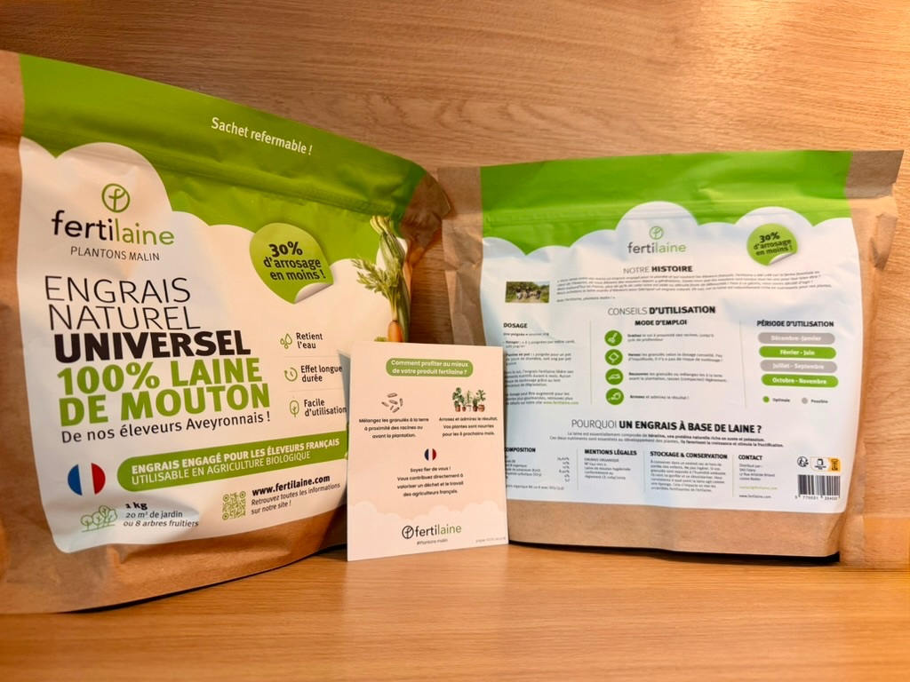 Sac d'engrais naturel à base de laine de mouton avec instructions et conseils d'utilisation.