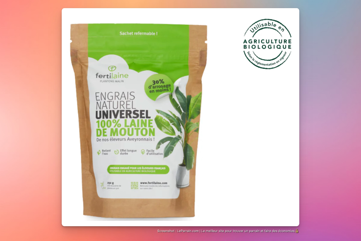 Sachet de 250 g d'engrais naturel à base de laine de mouton, étiquette verte et marron.